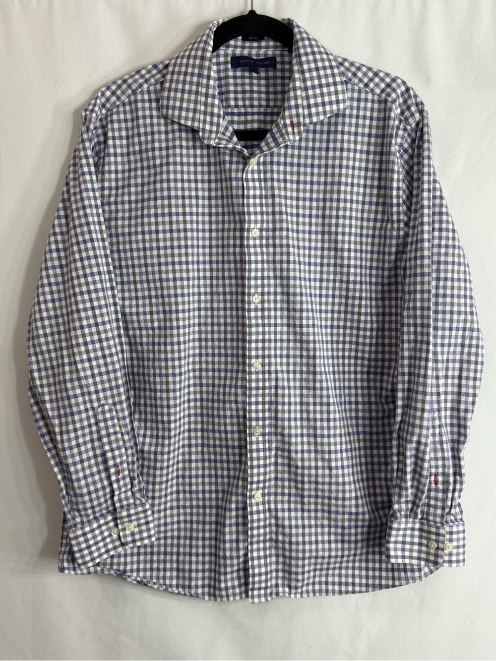 Tommy Hilfiger Men’s Slim Fit Purple Gray Checkered Button Down Shirt, size 16.5